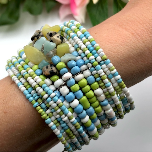 Beaded Cuff Bracelet With Stone Chip Gemstone Leopard Jasper - Picture 5 of 8